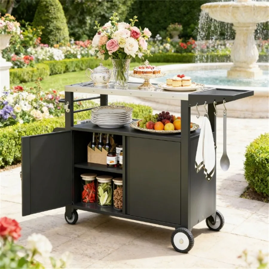 

Outdoor barbecue cart for grilling with stainless steel storage rack, black finish, foldable and portable design