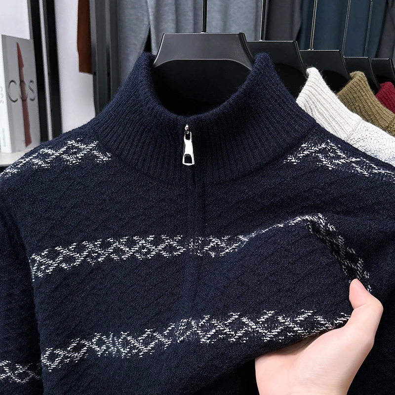 جودة فاخرة رجل طويل الأكمام تريكو رشاقته وهمية الرقبة سستة كابل غرزة غير تشوه بلوفر شتوي الترفيه الرجال القمم #5