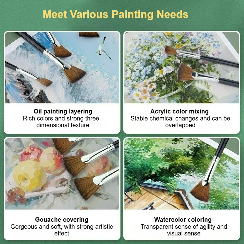 1/3/7/12pcs PHOENIX Art Supplies Pincéis de óleo de cerdas de porco/náilon em forma de leque Pincéis de aquarela de cabo longo para estudantes de arte