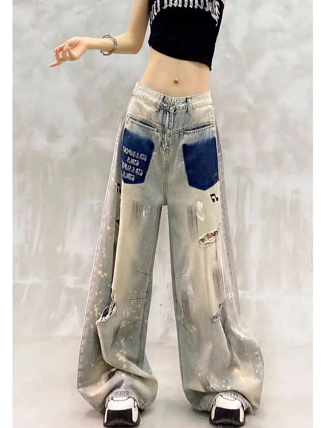 Retro Graffiti Distressed Denim Jeans Women's Loose Slim Straight Knife Pants High Waist Commute Style Multi-Pocket Blue