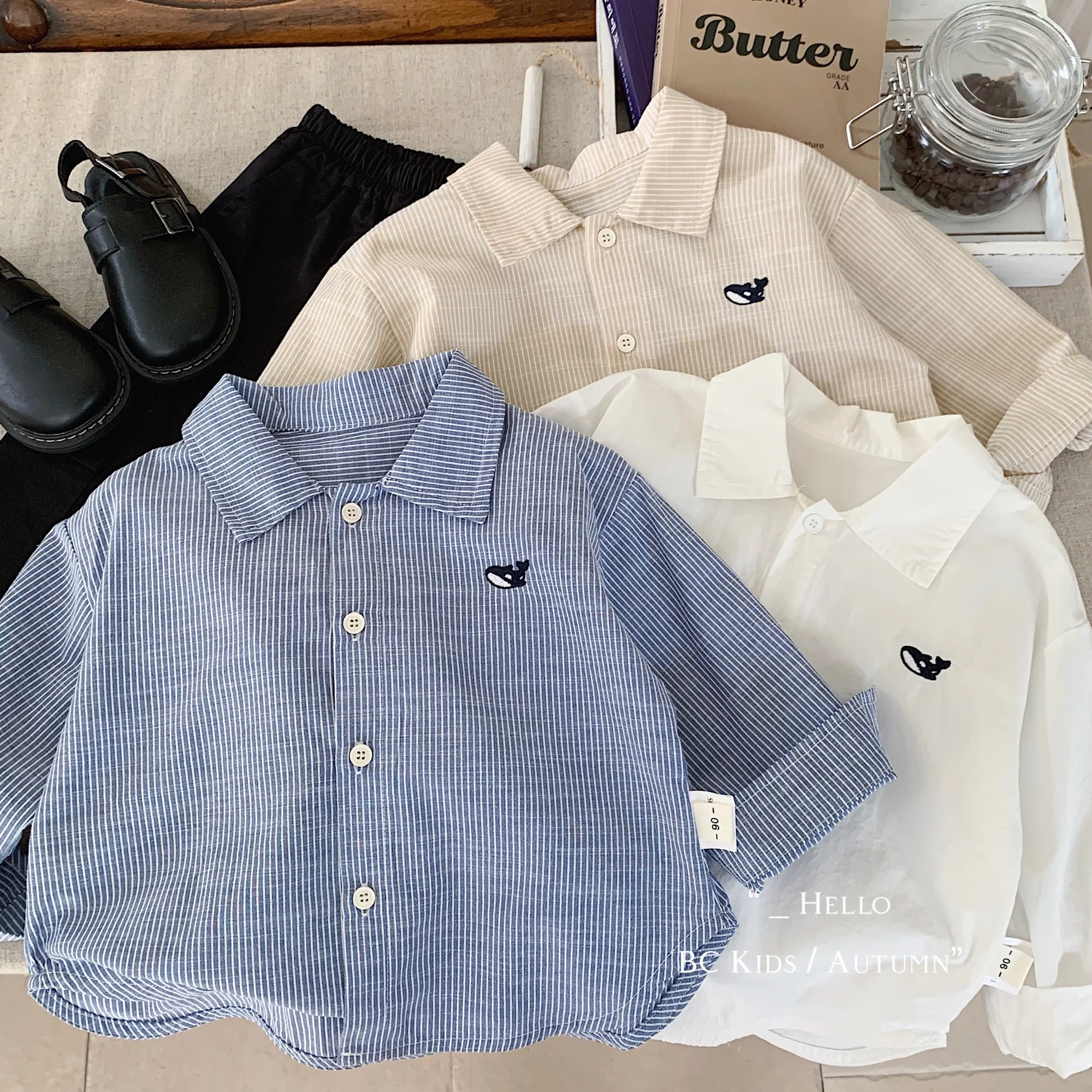 Kids' Shirts 2-9 Years Autumn Summer Embroidery Striped Boys Cardigan Cotton Tops Turn-down Collar Children's Long Sleeve Shirt