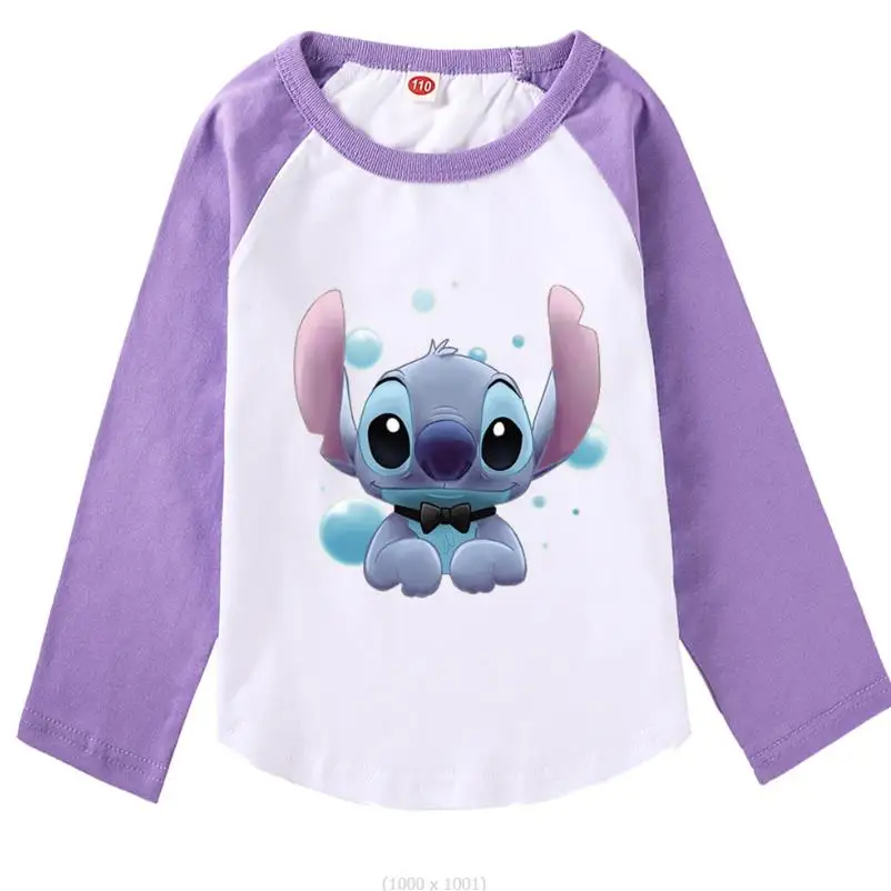 New Disney Stitch Student Girl Fashion T-Shirt Kids Long Sleeve Tops Spring Party Dresses Girls Cotton Printed Shirt Gift