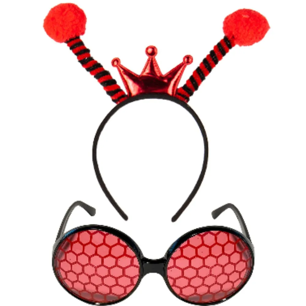

Halloween cosplay big round black frame red honeycomb glasses fur ball headband red ball black red circle red crown