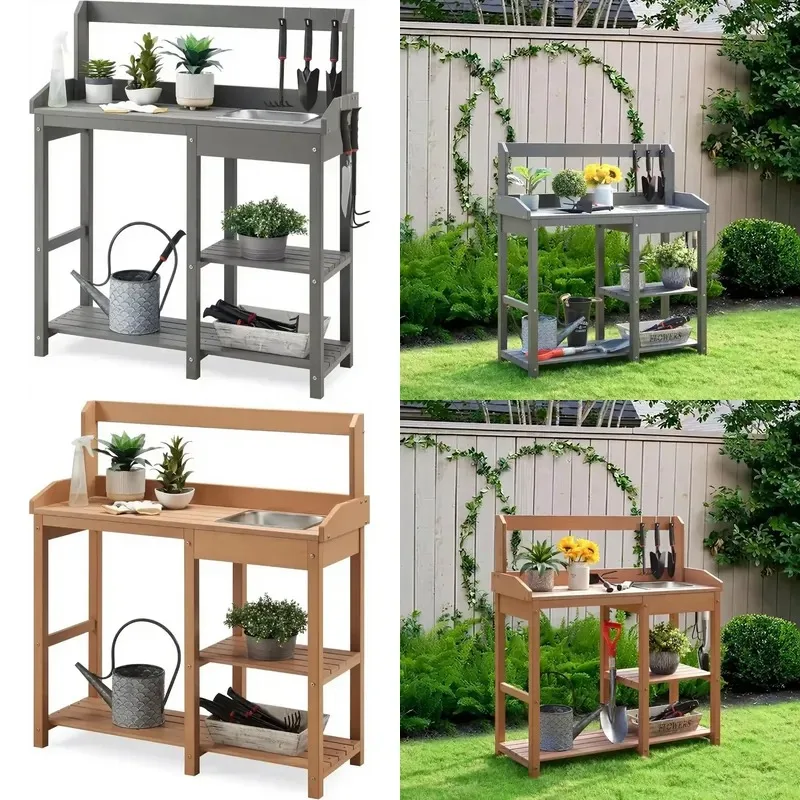 Outdoor Polyethylene Wood Garden Potted Plant Table with Removable Sink and Triple Storage Rack