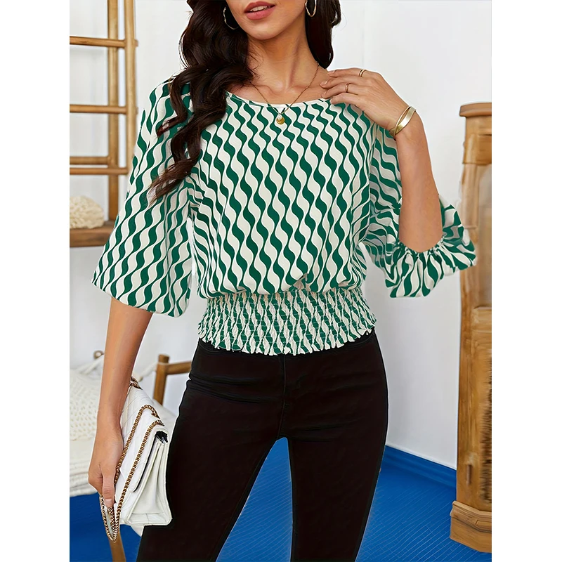 Camisa de gasa de manga de siete puntos para mujer, top con estampado de cuello redondo, vestido de viaje noble informal transpirable, dulce y fresco
