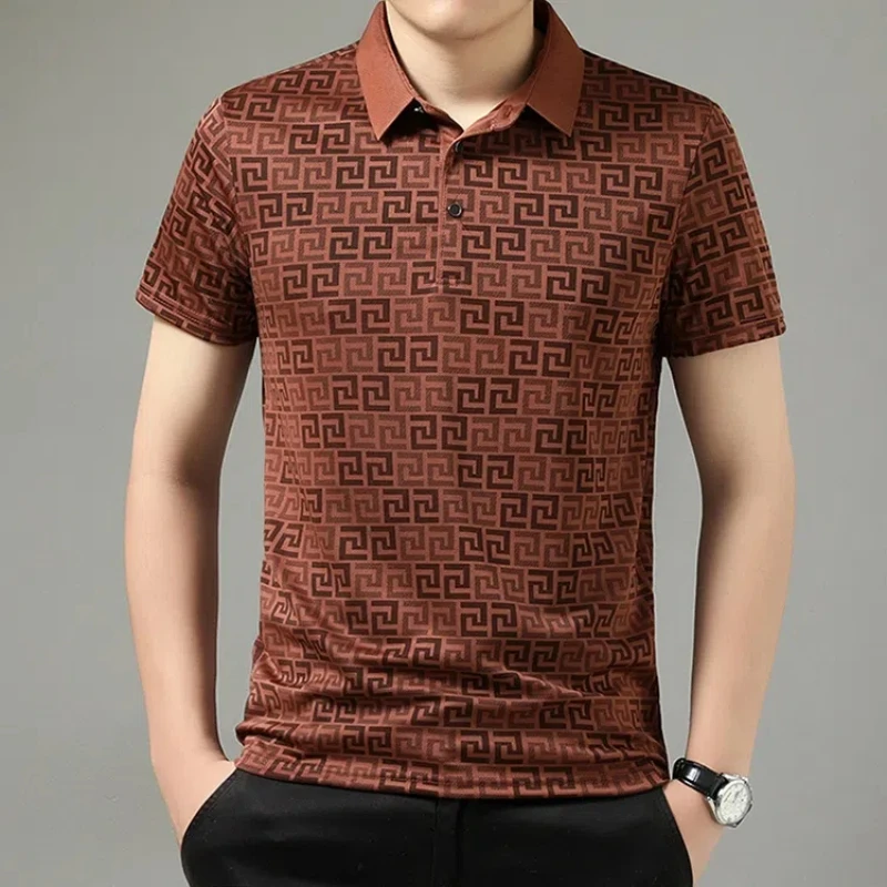 Preppy Style Summer Men's Clothing Short Sleeve Turn-down Collar Button Geometric Printing T-shirt Comfortable Business Tops