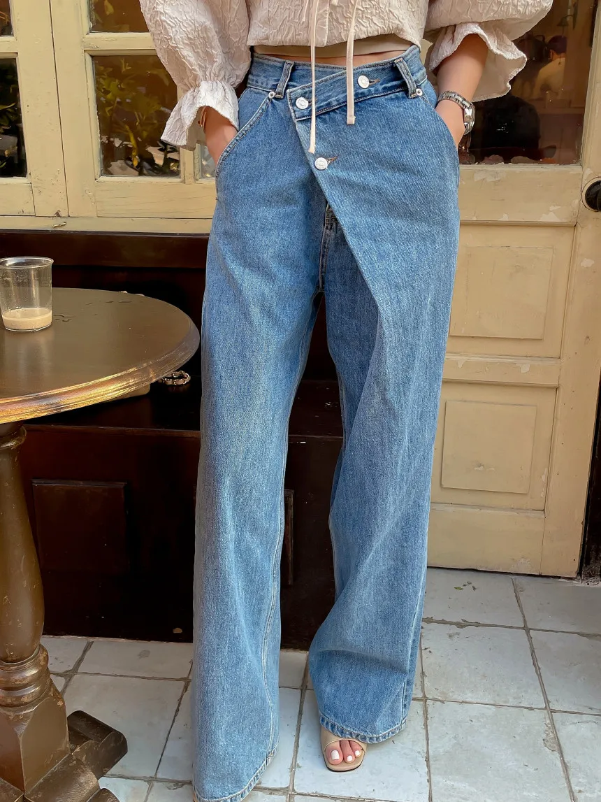 

SML 2021, весенне-осенние женские широкие джинсы с высокой талией, уличные брюки, синие джинсовые брюки с неровной талией, женские (XH6230