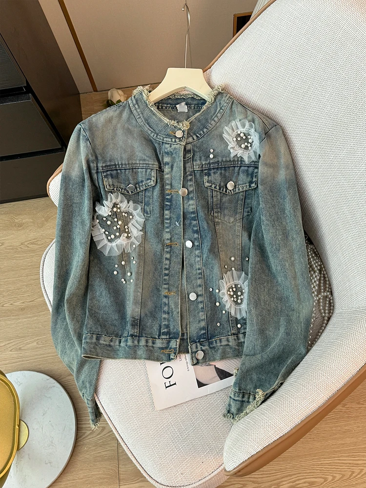 

Chic Beading Floral Women Denim Jacket Autumn Vintage Round Neck Long Sleeve Loose Coat Lady Fashion Jean Coats