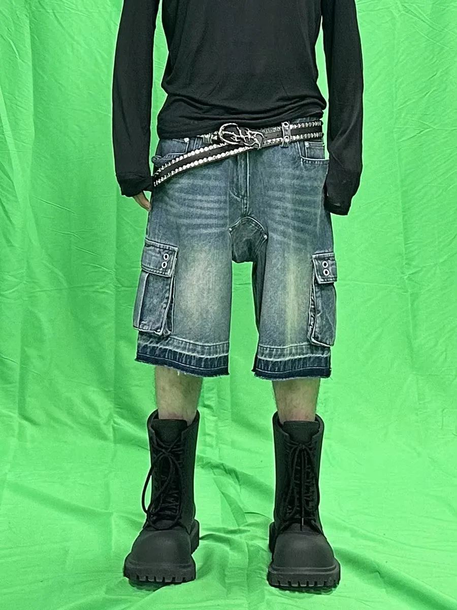 REDDACHIC الرجال جيوب كبيرة شعيرات واسعة الدنيم السراويل تفعل الثقوب المتوترة القديمة ديكور الركبة طويلة السراويل البضائع غير رسمية خمر الشارع الشهير