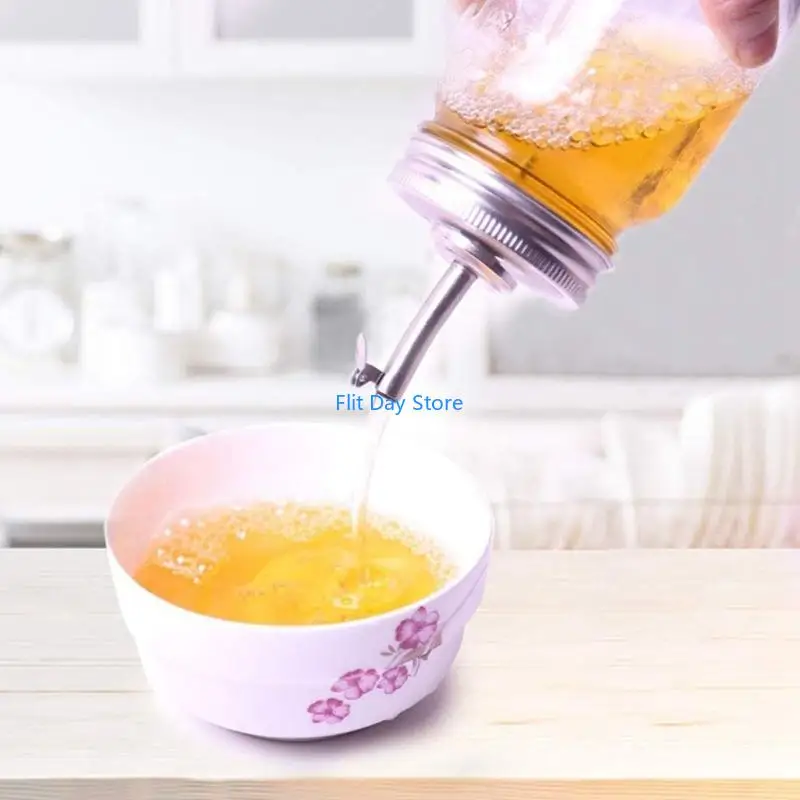 F92C Threaded Pouring Top Lid Set, 2 Metal Jar Oil Dispenser Pour Spout Lid with Curved Spouts and Cap for Vinegar, Syrups and