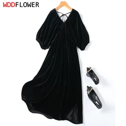 Women Silk Velvet Midi Dress 100% Mulberry Silk Lining Black Color V Neck Comfortable Lantern Sleeve A-line Long Dress M1015