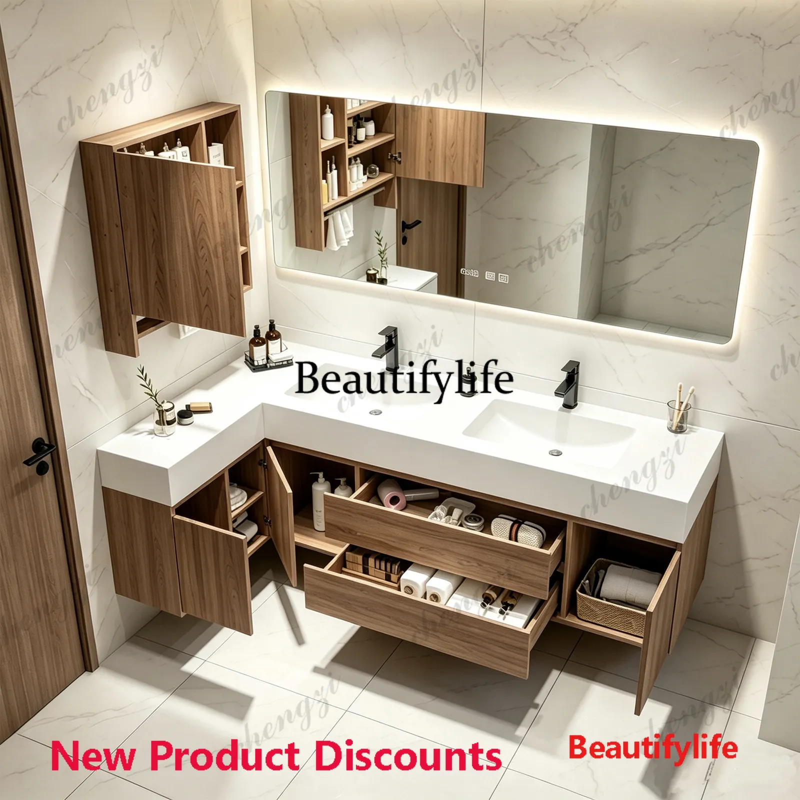 45 Corner L-shaped bathroom cabinet custom rock slab hot bending integrated basin light luxury wash basin wash basin