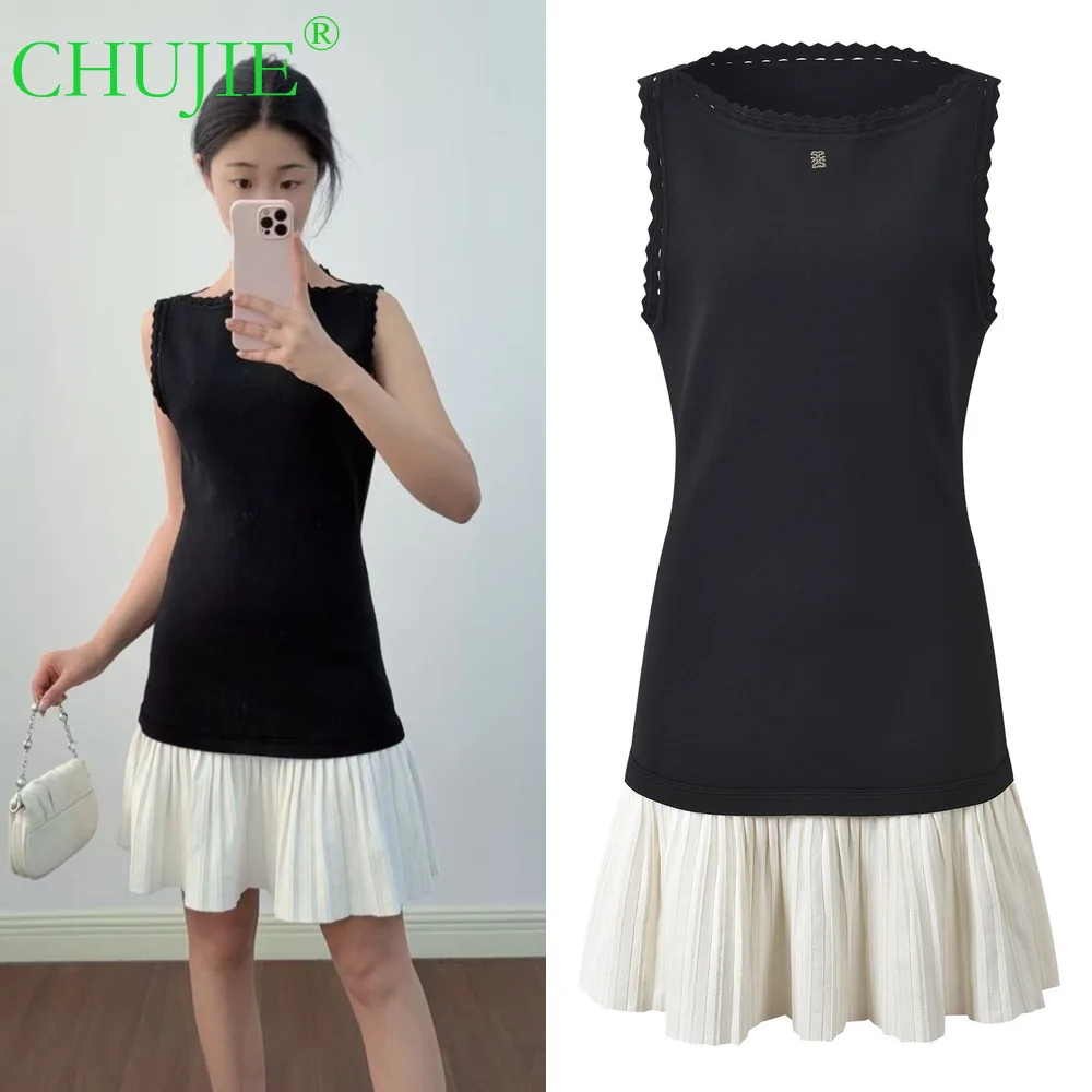 

CHUJIE 2026 Spring Summer New French-style Design Color-block Pleated Hem Elegant Fashion Sleeveless Knited Dress