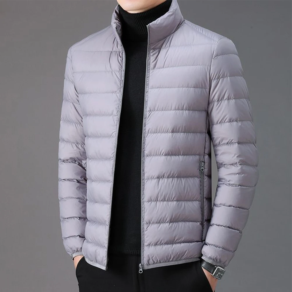 Men Long Sleeve Zip Standing Collar Warm Ultra Light Packable Down Cotton Coat Jacket Solid Color Top Short Male Cotton Jacket