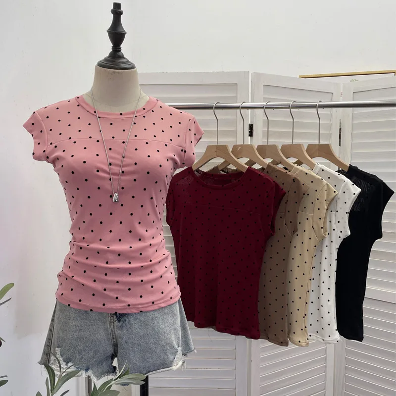 Women Summer New Flocked Polka Dot Mesh Stretch Slim T-Shirt Figure-Flattering Square Shoulder Fitted Short Sleeve Top2878