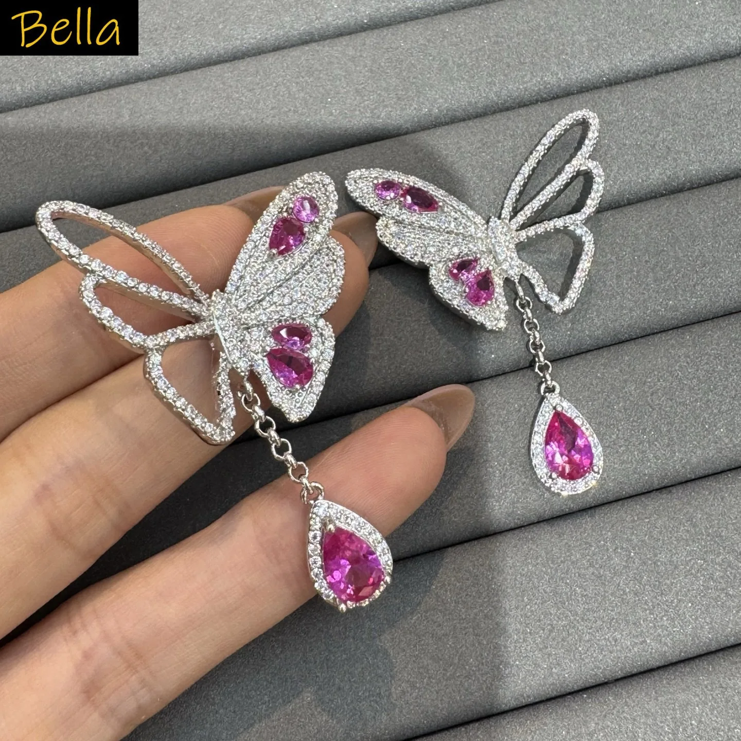 fashion cubic zirconia earrings for women shiny cute jewelry gala event party butterfly dangling earrings silver color blue pink