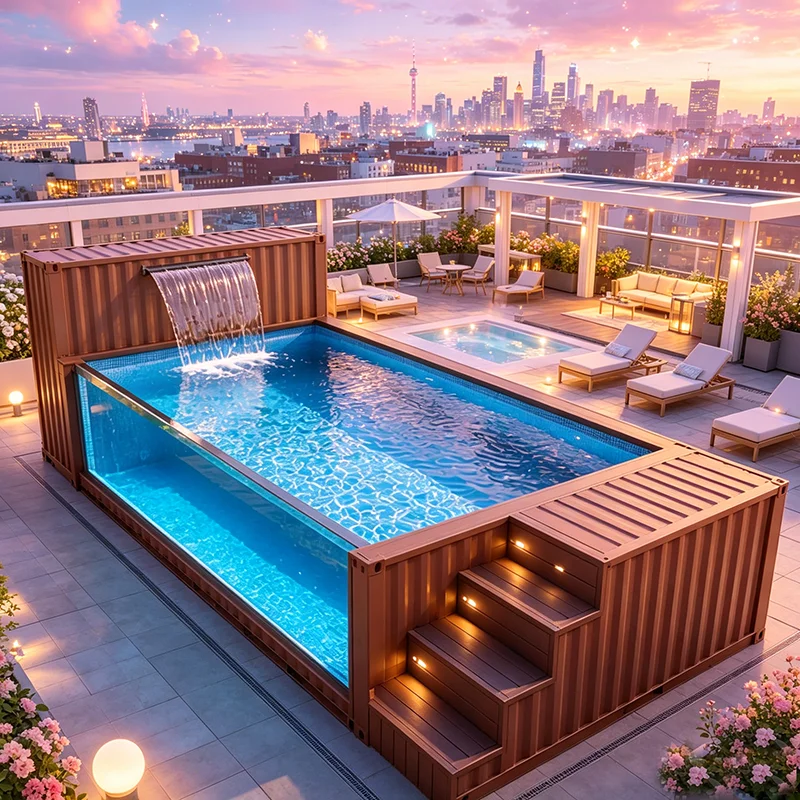 40ft Corten Steel Shipping Container Pool Glass Side Wall Luxury Outdoor Pool