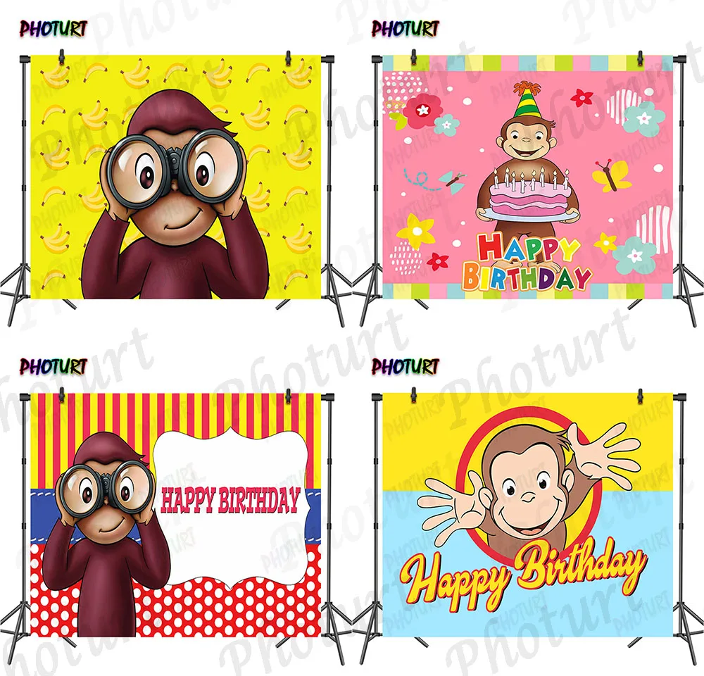 PHOTURT George Monkey Backdrop Kids Birthday Background Yellow Banana Custom Vinyl Polyester Photography Studios Decor Props