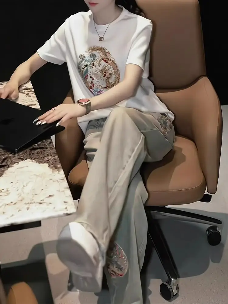 엘레 중국 스타일 자수 스키니 진 하이웨이스트 롱 팬츠 여성용 봄 여름 패션 트렌디 코튼 블렌드 데님