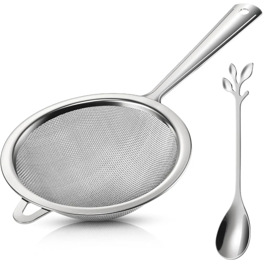

3.5 Inch Fine Mesh Strainer with Handle and Scoop – Stainless Steel Mini Sieve for Tea, Coffee, Flour, Juice, Matcha, Egg, Cockt