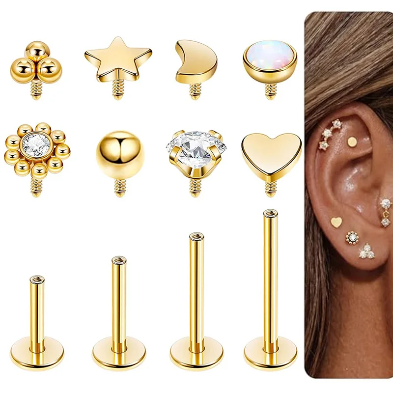 New Stainless Steel Internal Thread Lip Rings Earbone Stud 6-12mm Rod Various Replacement Head Puncture Jewelry