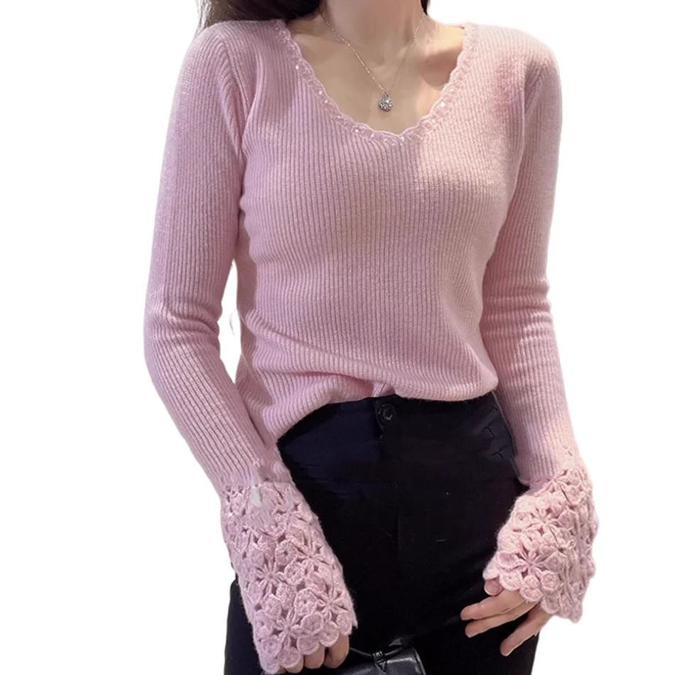 

Autumn and winter new cashmere sweater ladies V neck knit pullover fashion loose warm bottoming shirt top