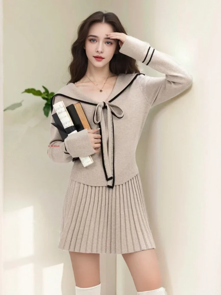 Small Fragrance Knit Matching Sets Sailor Collar Lace Up Striped Contrast Color Pullover Pleated High Waist Skirt Women Clothing