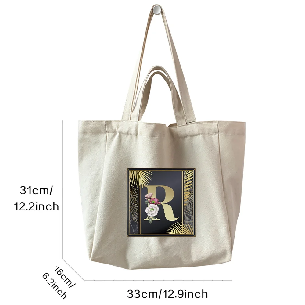 Foldable and Reusable Women's Golden Letter Series Print Pattern Shopping Bag for Leisure Students Large Capacity Canvas Handbag