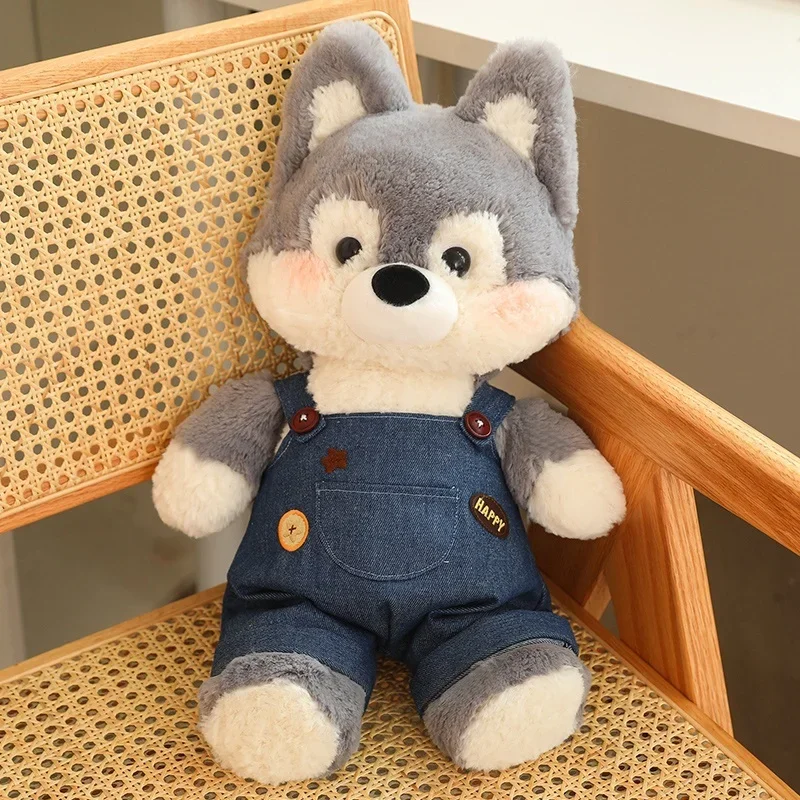 Adorável sonhador dos desenhos animados raposa lobo brinquedos de pelúcia fofo confortável huggable raposa lobo boneca vestindo jeans saia jeans presente perfeito para crianças