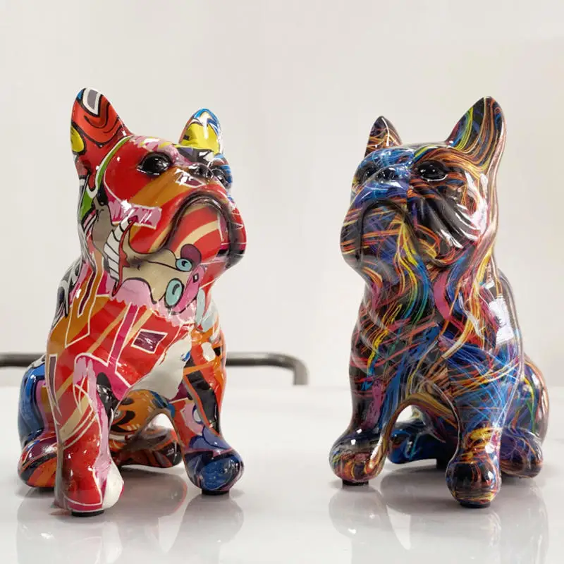 

Hand Painted Graffiti Dog Resin Statue Colorful French Bulldog Animal Craft Gifts Figurine Interior Room Tabletop Decoration