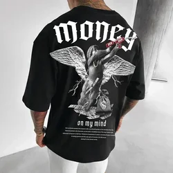 Money Angel Print Men's T-Shirt Cotton Hip-hop Short Sleeve O Neck Tee Tops Summer Fashion Trend Loose Oversize Streetwear