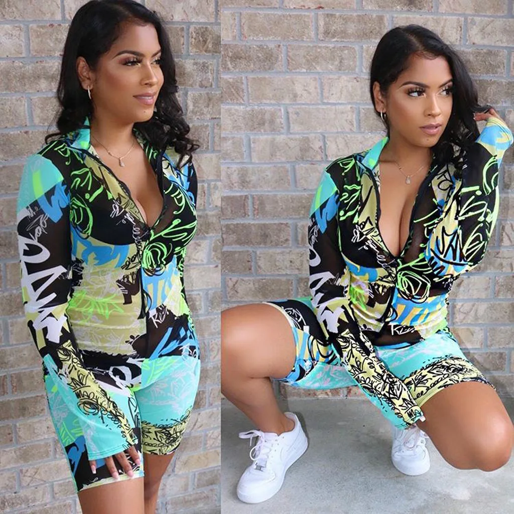 

BKLD Women Clothing Fashion Casual Graffiti Printed Long Sleeve Shorts Jumpsuit Sexy Night Club Outfits Romper One Pieces