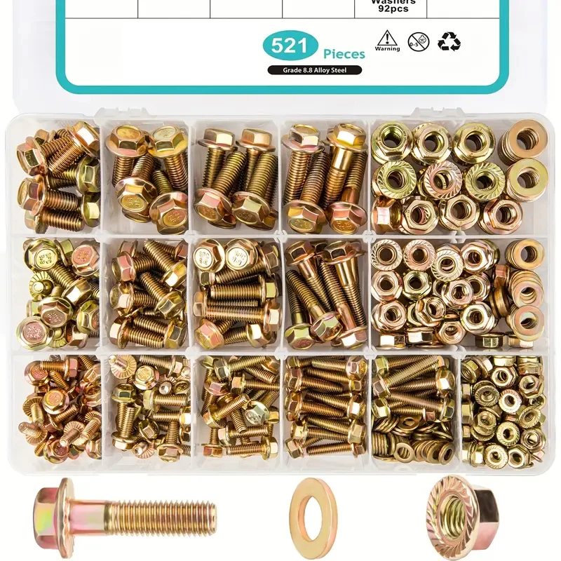 521pcs Carbon Steel Flange Bolt and Nut Assortment Kit - Grade 8.8 Hex Serrated Flange Screws with Coarse & Partial Threads