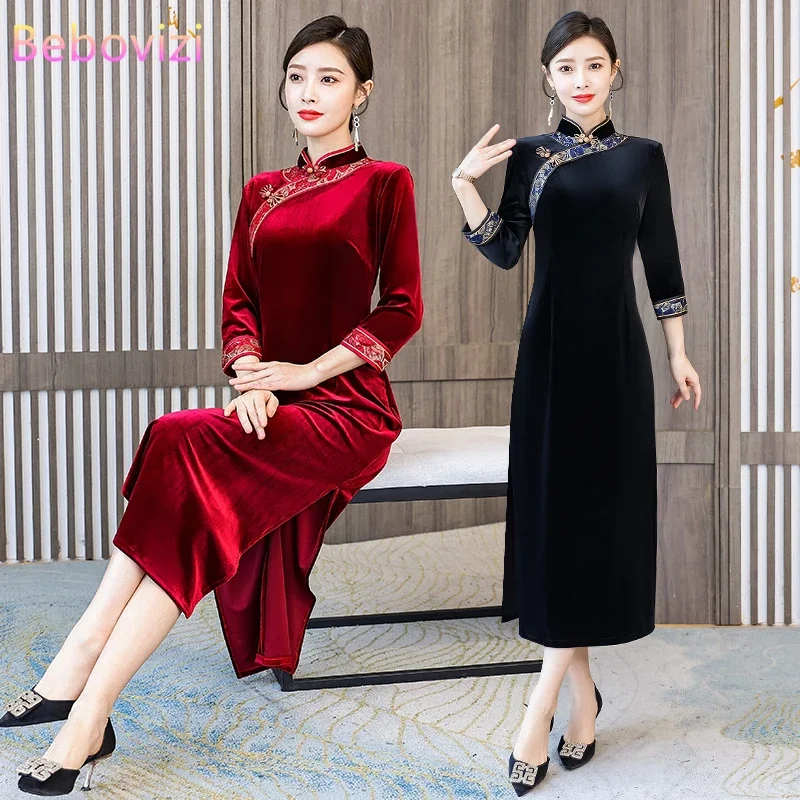 

Wedding Mom Gold Velvet Improved Cheongsam Autumn Winter New High-End Chinese Traditional Qipao Dress New Year CNY