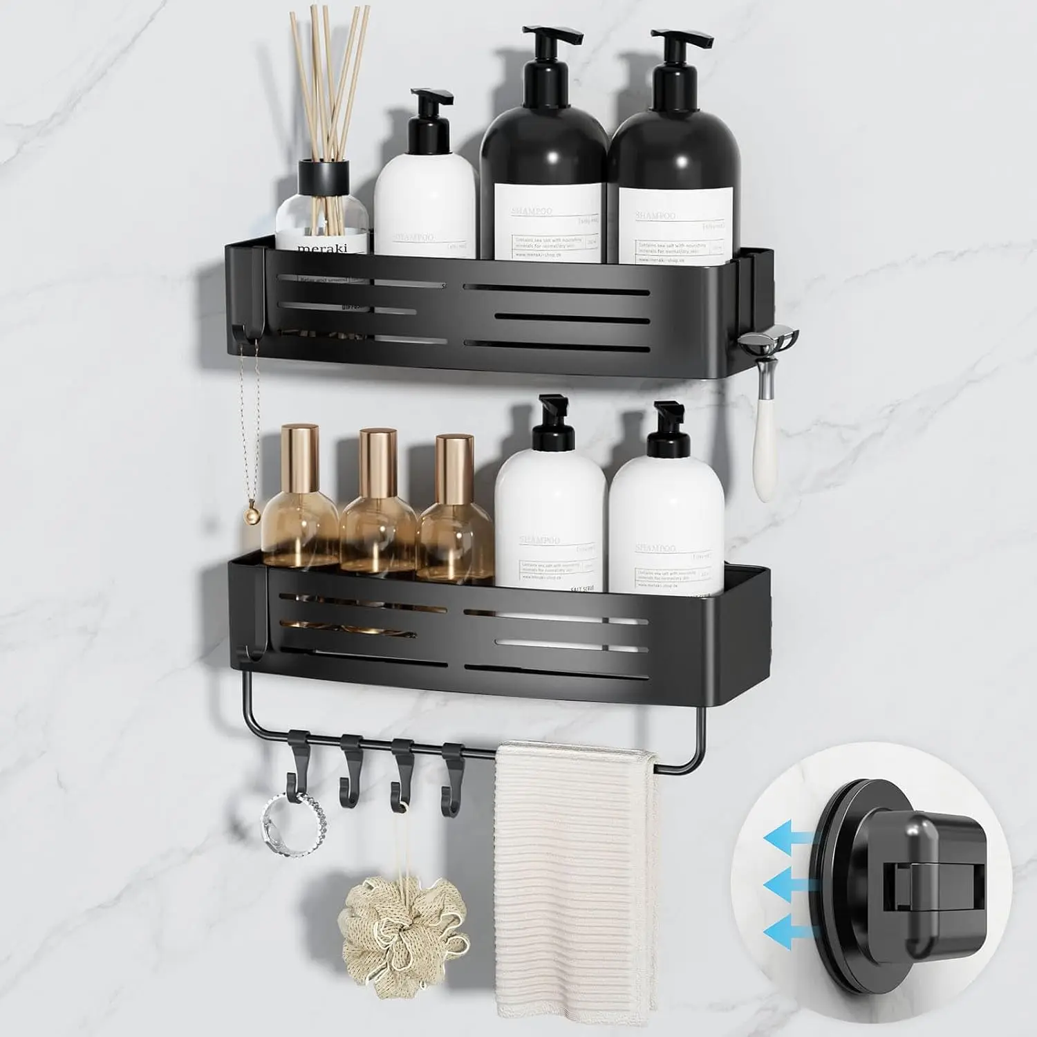 

Набор из 2-х органайзеров для душа с присосками, для хранения в ванной, с крючками и держателем для полотенец, матовый черный - не требует сверления