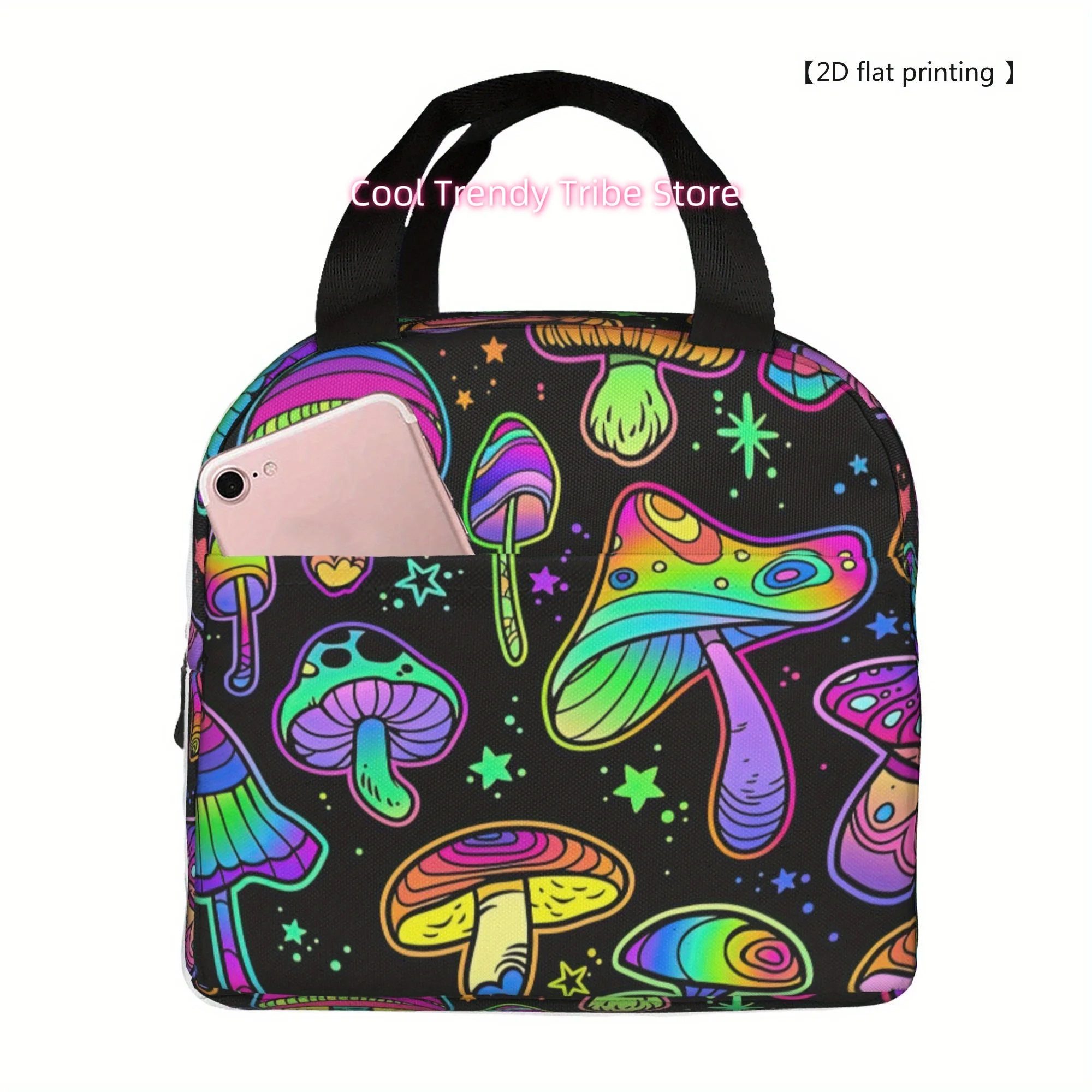 1pc Non-food contact Luminous Mushroom Pattern Insulated Cooler Bag - Reusable Portable Lunch Tote with Top Handle, 2D Flat Prin