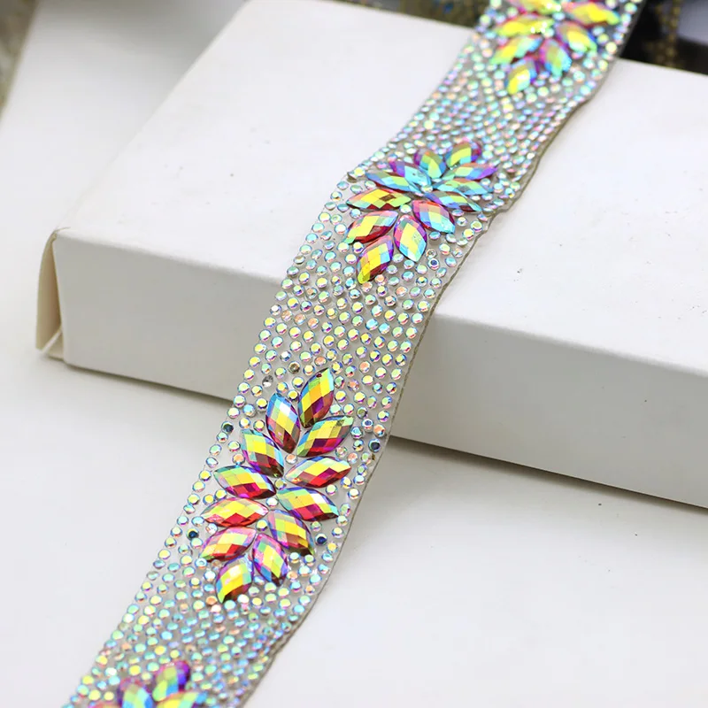 2cm Width Flower Green Blue Hot Fix Rhinestone Cup Chain Glue on Rhinestone Mesh Trim Belt For DIY Dance Dress Clothes.