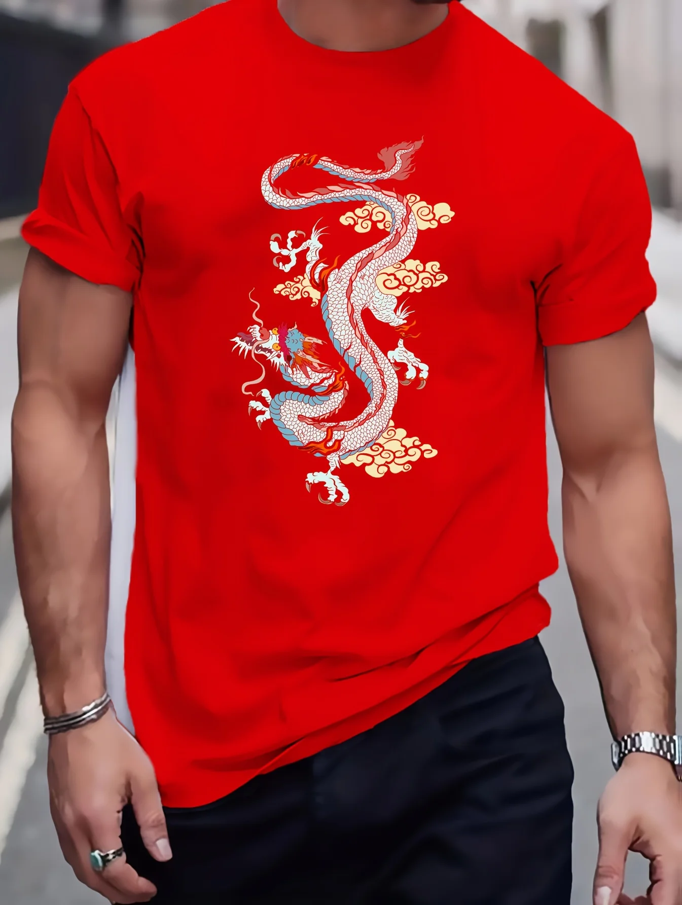 Men\'s 100% cotton summer casual loose fitting Stylish Chinese Dragon Pattern print round neck short sleeved T-shirt