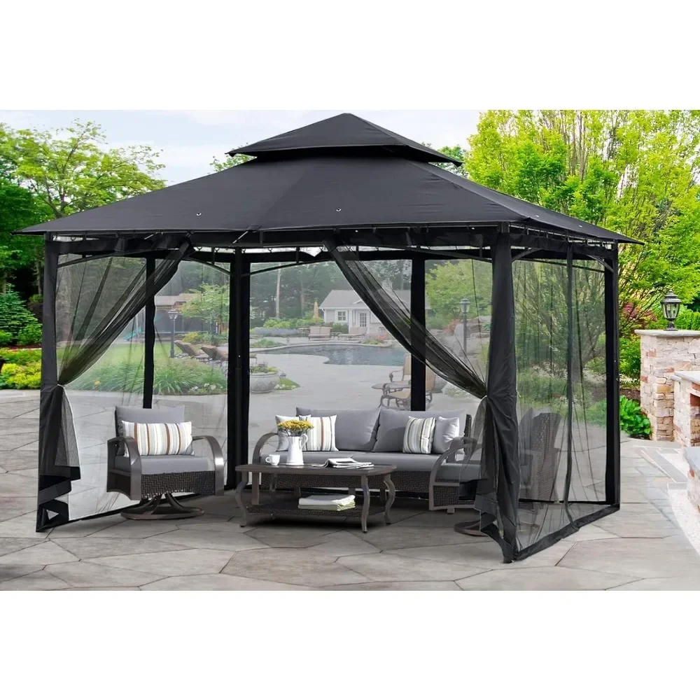 Outdoor Garden for Patios with Stable Steel Frame and Netting Walls (10x10, Black), Outdoor Canopy, Sunshade Tent