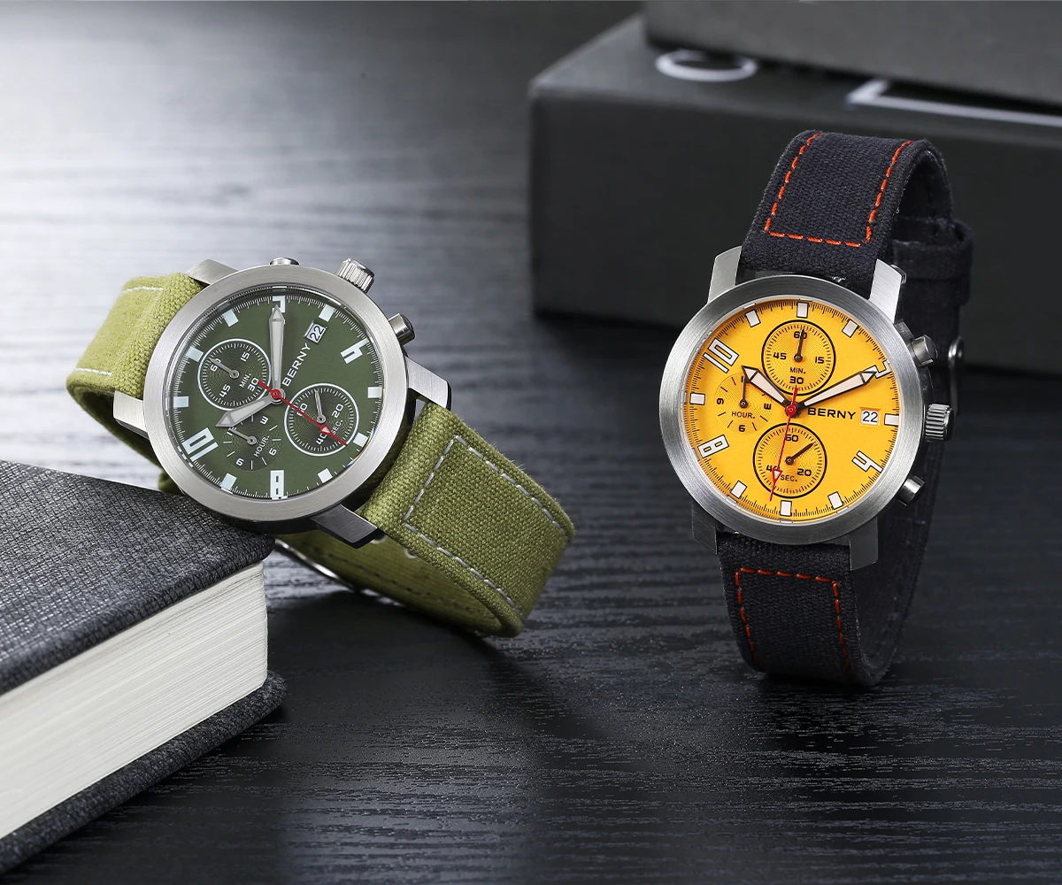 BERNY Chronograph-Uhren für Herren, grün leuchtendes kleines Zifferblatt, multifunktional, leichte Herrenuhr, Saphirglas, 5ATM wasserdicht – Detail 14