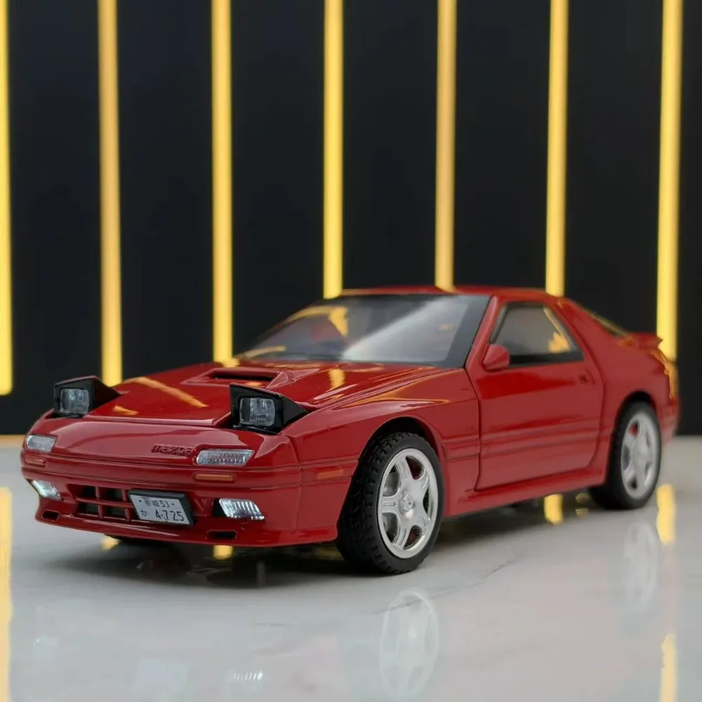 1:28 Scale RX-7 Car Model Toy Doors Opened Sound Light Models Shock Absorption Pull Back Supercars for Friends Birthday Presents