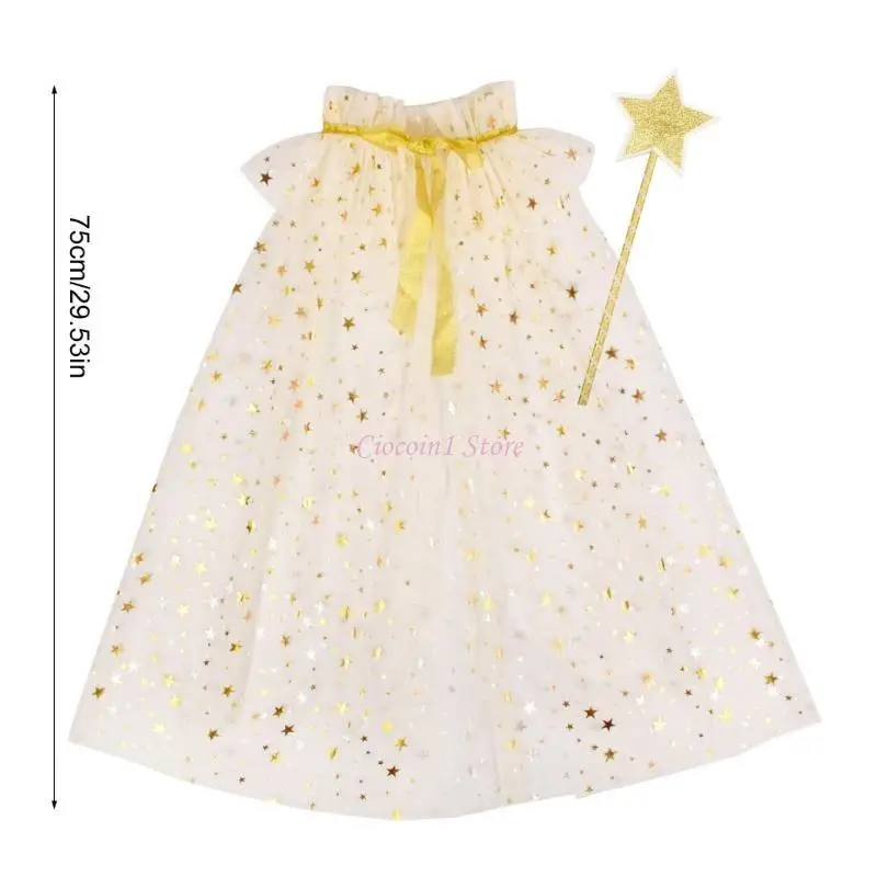 Y1UB 2PCS Star Wand e Sheer Cape for Kids Infants Girls Tulle Cloak & Star para festas conto e fingimento