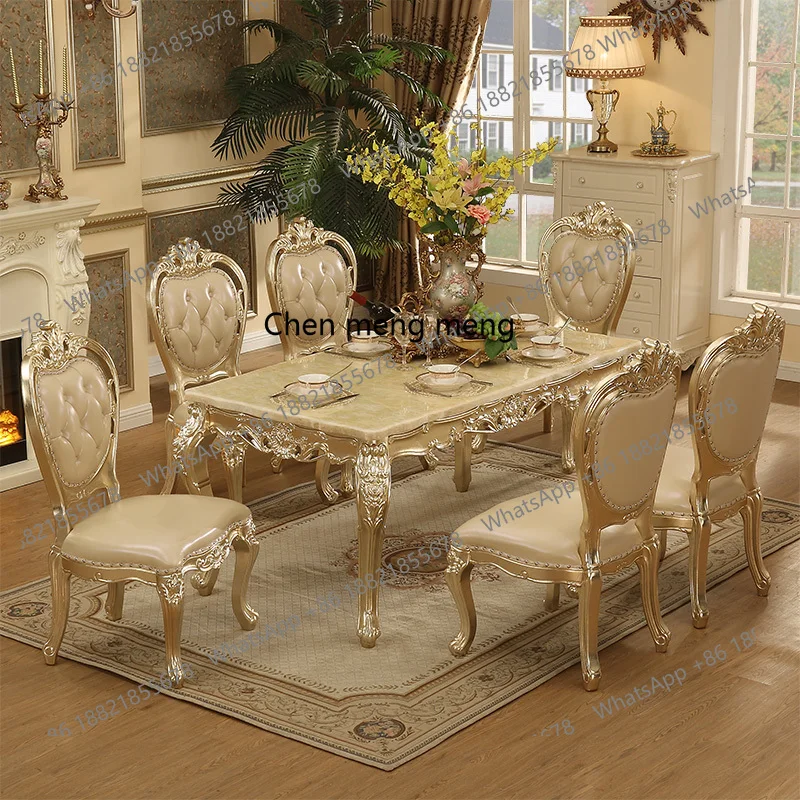 

European-style Champagne Gold Dining Table and Chairs with Carvings, 1.6m Tables, Carved Marble Long Dining Table and Chairs