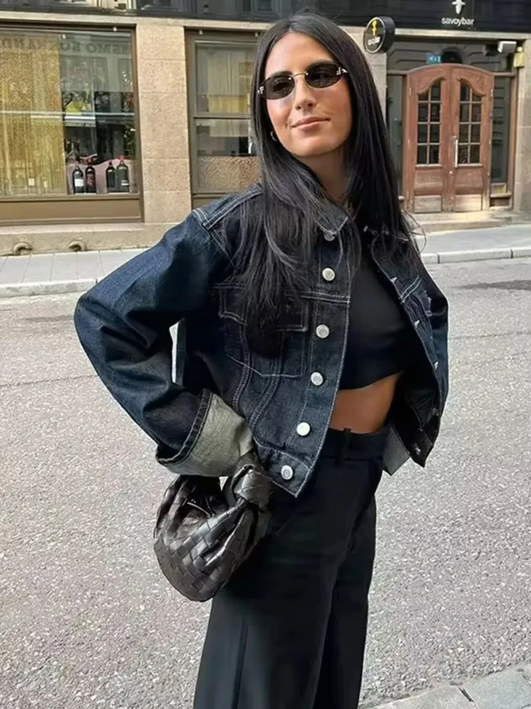 Hh feminino vintage denim jaqueta calça define único breasted lapela manga longa casaco calças de perna larga jeans roupas de rua alta