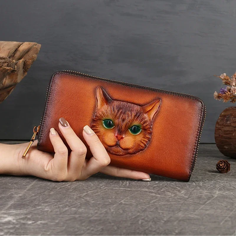 

Women Long Wallet Genuine Leather Purse ID/Credit Card Cash Cat Pattern Retro Female Lady Cowhide Money Clutch Bag Purses