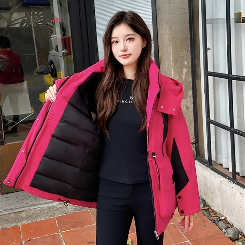 Winter fashion color blocked down cotton jacket for women,hooded and waist cinched,2026 new loose large size warm padded jacket