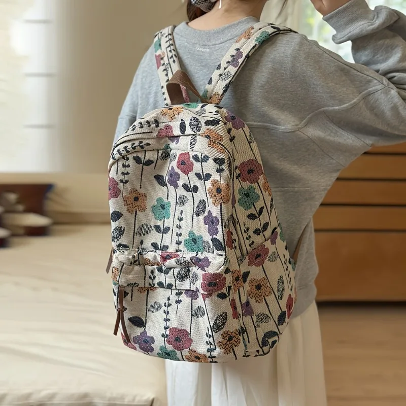 

Floral Nylon Casual Backpack, Simple Vintage Design, School Bookbag Daily Commute Backpack for Women