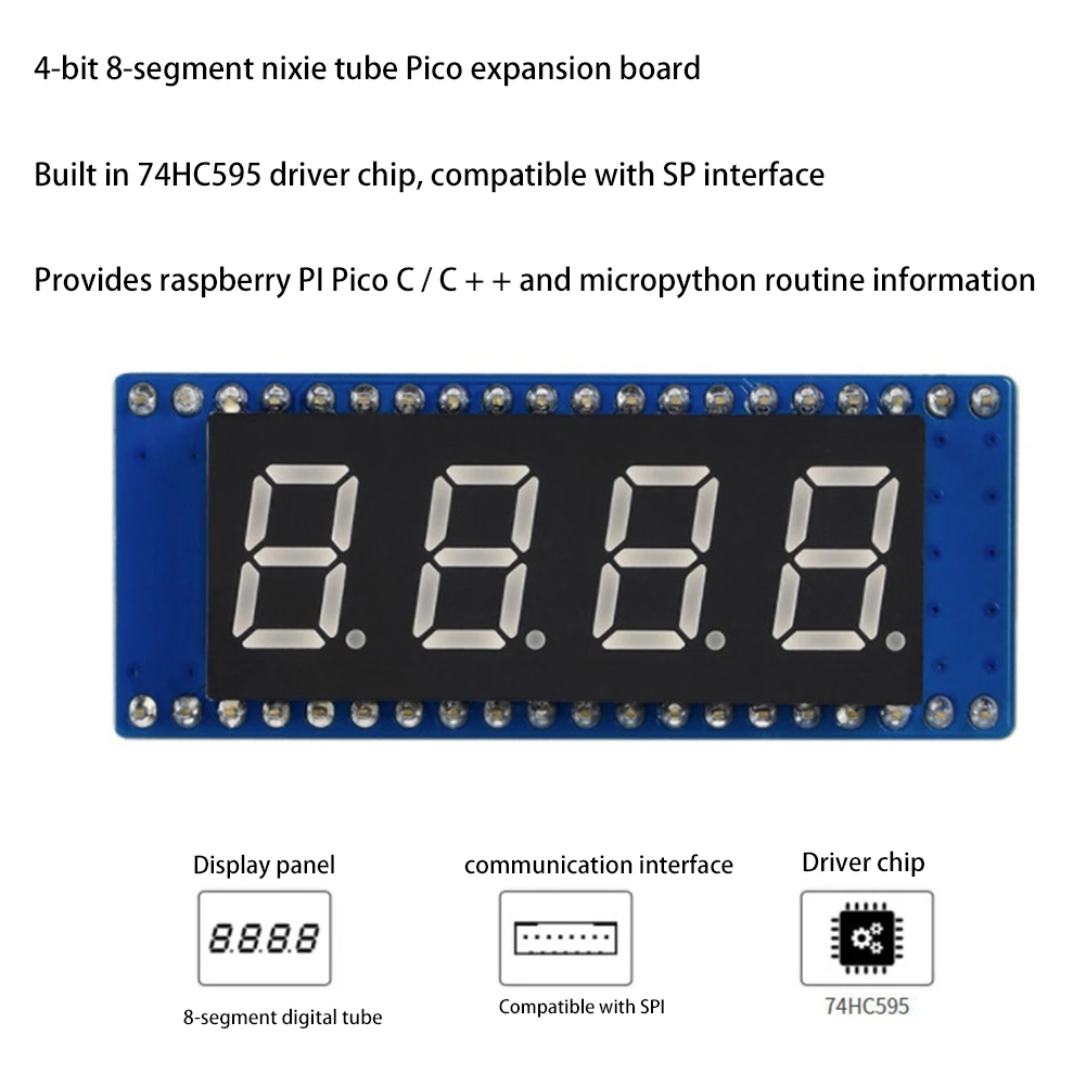 Módulo de pantalla ABBH-4 dígitos de 8 segmentos para Raspberry Pi Pico, controlador 74HC595 integrado, Compatible con SPI, fácil de usar