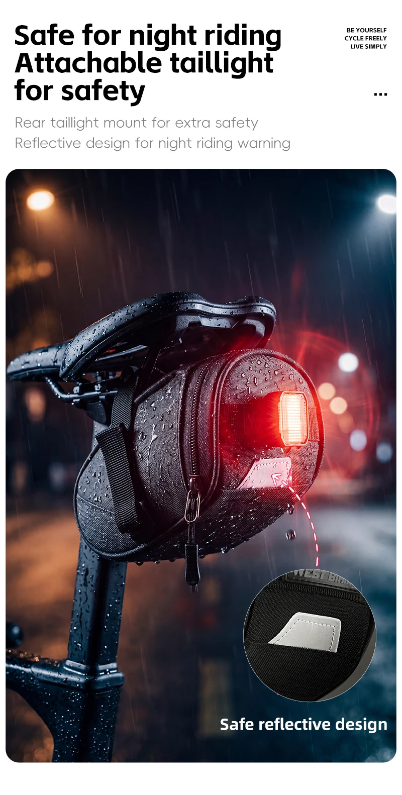 WEST BIKING Fahrradsatteltasche Wasserabweisende Rücksitztasche MTB Rennrad Fahrrad-Aufbewahrungszubehör Rücklicht-Riemen – Detail 4