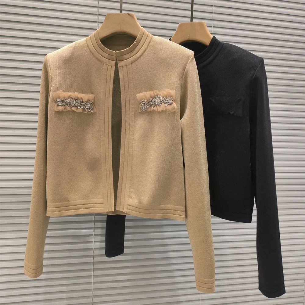 Versão high-end parisiense luxo cristal decorado ouro bule jaet aberto cardigan ele ne pendurado malha dr para mulher